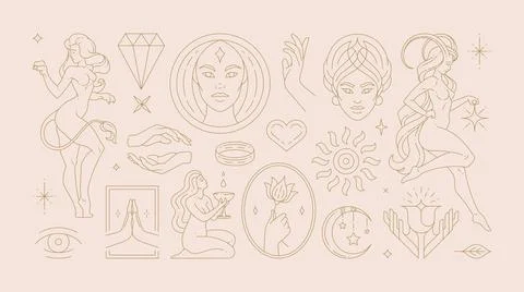 Magic woman boho vector illustrations of graceful feminine women and esoter.. Illustrazione stock