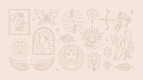 Magic woman boho vector illustrations of graceful feminine women and esoter.. Illustrazione stock