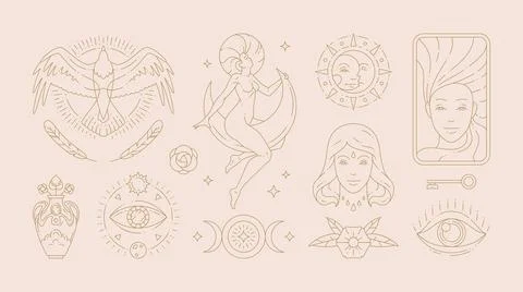 Magic woman boho vector illustrations of graceful feminine women and esoter.. 스톡 일러스트