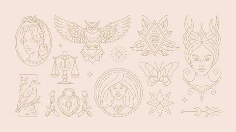 Magic woman boho vector illustrations of graceful feminine women and esoter.. Illustrazione stock