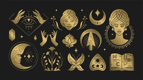 Magic woman boho vector illustrations of graceful feminine women and esoter.. Illustrazione stock