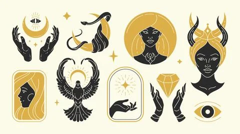 Magic woman vector illustrations of graceful feminine women and esoteric sy.. Stockillustratie