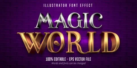 Magic World text, 3d gold and silver metallic style editable font effect Stock Illustration