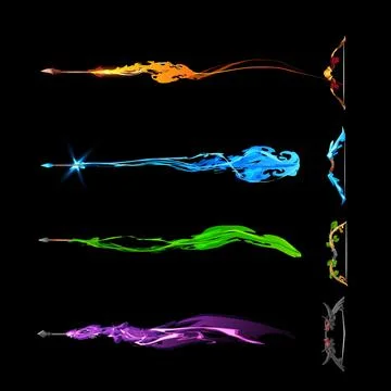 Magical bow with arrow vector set shooting fire flame arrows, explosion beam 스톡 일러스트