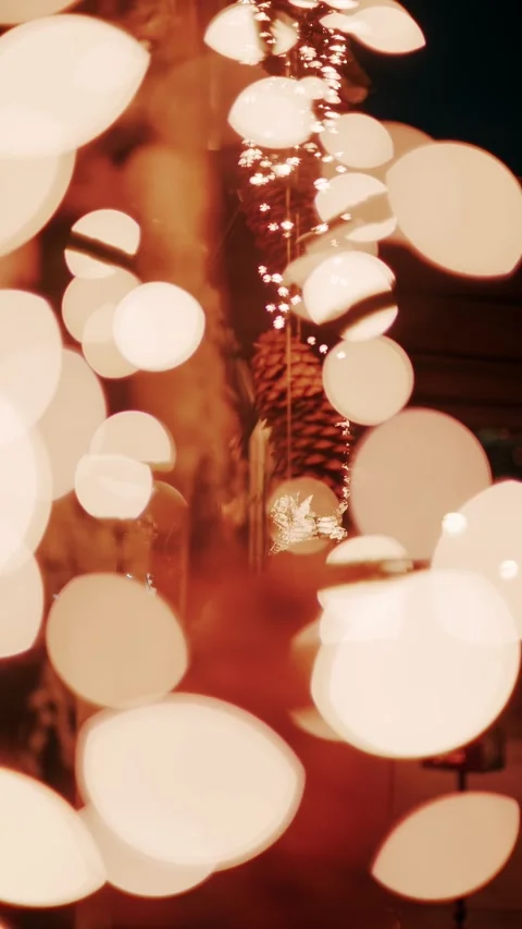 Magical christmas bokeh lighting with pine cones and snowflakes hanging in .. Stock Footage 339442283