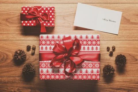 Magical christmas theme background, present, pine cones and christmas  Stock Photos