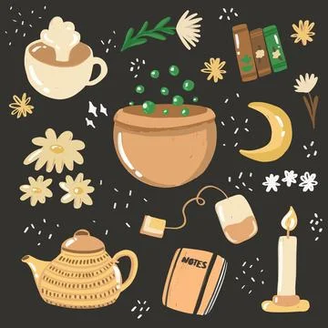Magical Cozy Autumn Elements with Tea, Books, and Candle 库存插图