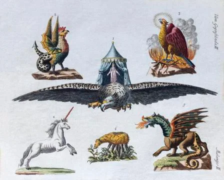 Magical creatures hand colored copper engraving from childrens picture book by Stock Illustration