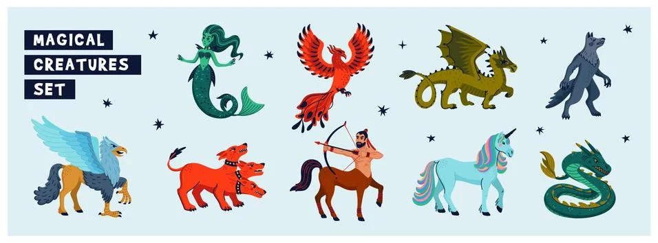 Magical creatures set. Mythological animals. Flat style vector illustration Stock Illustration
