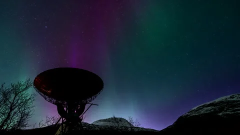 Magical dancing northern lights in night sky above EISCAT satellite, Stock Footage 289525714