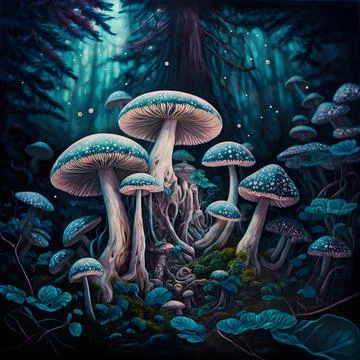 Magical dark night forest with toadstools, concept art illustration 스톡 일러스트