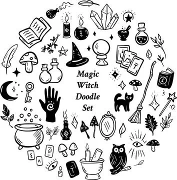 Magical Doodle Elements and Potions for Witches and Wizards in the World of Stock-Illustration