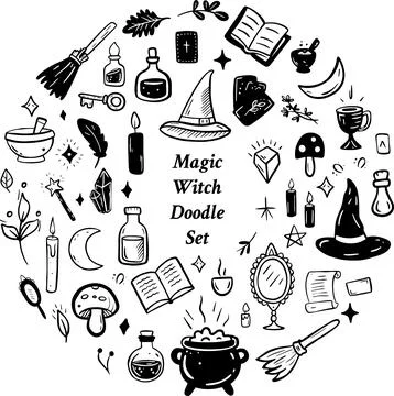 Magical Doodle Elements and Potions for Witches and Wizards in the World of イラスト素材