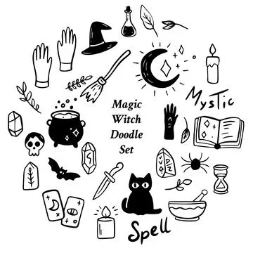 Magical Doodle Elements and Potions for Witches and Wizards in the World of Stock-Illustration
