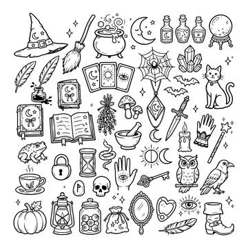 Magical Doodle Elements and Potions for Witches and Wizards in the World of 库存插图