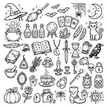 Magical Doodle Elements and Potions for Witches and Wizards in the World of 库存插图