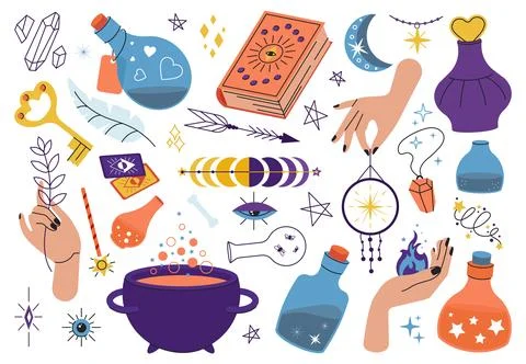 Magical doodle elements, magic poison bottles and crystal ball. Amulets Illustrazione stock
