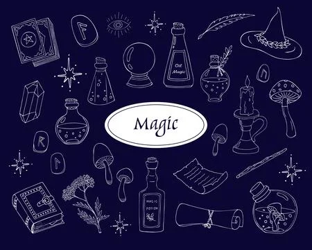 Magical doodle elements, magic poison bottles, crystal ball, witchcraft boo.. Illustrazione stock
