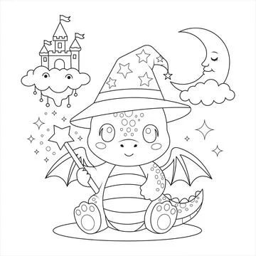 Magical Dragon Casting Spell With Wizard Hat Wand And Castle Outline Colori.. Stock Illustration