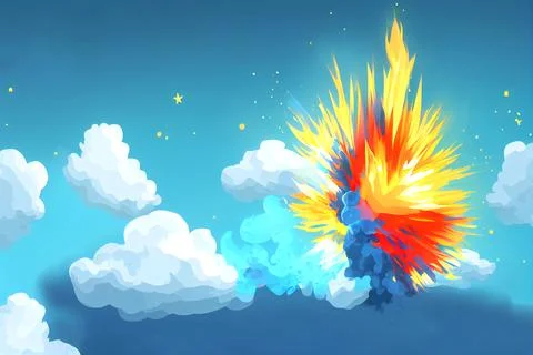 Magical explosion in the sky on blue background, shooting down a flying target. Stock Illustration