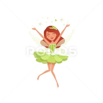 Magical fairy in beautiful green dress. Happy girl spreading pixie dust Stock Illustration