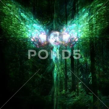 Magical Fairy Being Glowing Surrounded by Dark Mystical Forest Stock Photos