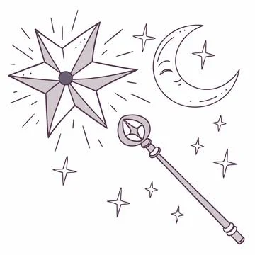 Magical Fantasy Elements Icon Set with Star Moon and Wand Stock Illustration