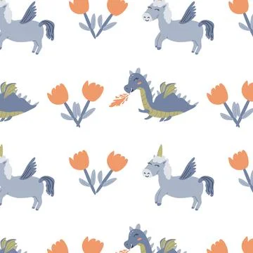 Magical fantasy pattern with dragons and unicorns for children's decor Illustrazione stock