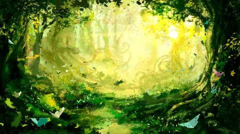 A magical fictional forest with many trees curling roots and butterflies, bri Stock Illustration
