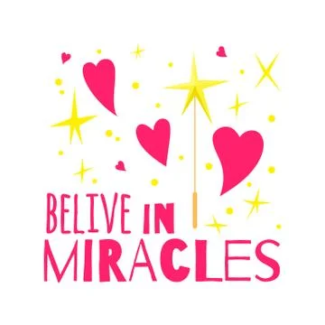 Magical flat vector lettering with magic wand and stars and hearts isolated on Stock Illustration