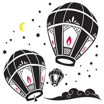 Magical floating paper lanterns with glowing flames and star night sky back.. Stock Illustration