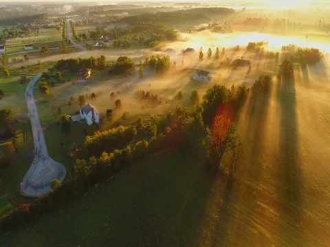 Magical foggy landscape at dawn, aerial view Stock Footage