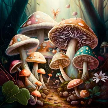 Magical forest with toadstools, concept art illustration 스톡 일러스트