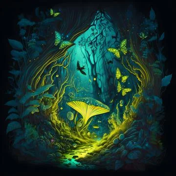 Magical forest with toadstools, concept art illustration 스톡 일러스트
