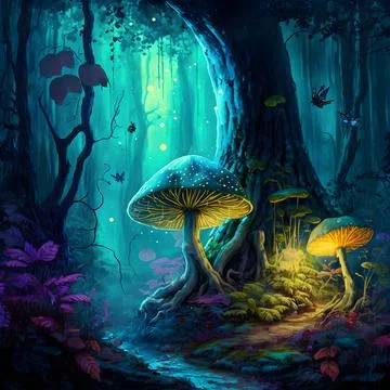 Magical forest with toadstools, concept art illustration 스톡 일러스트
