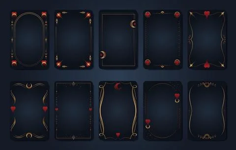 Magical golden Tarot card frames decorated with red hearts Stock Illustration