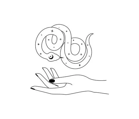 Magical hand and celestial snake in outline style. Spiritual tribal serpent Stock Illustration