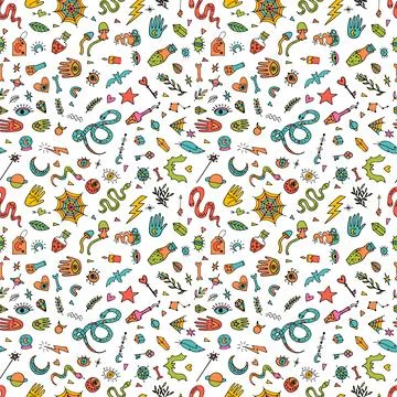 Magical hand drawn seamless pattern. Halloween. Witchcraft print. Mystical .. Stock Illustration