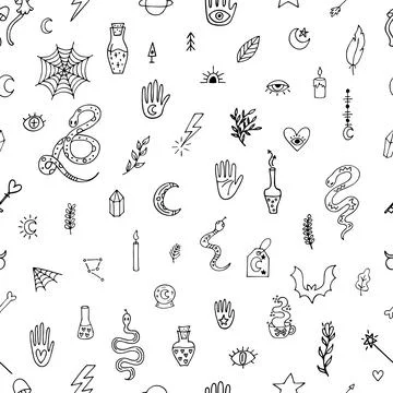 Magical hand drawn seamless pattern. Halloween. Doodle boho style. Witchcra.. Stock Illustration
