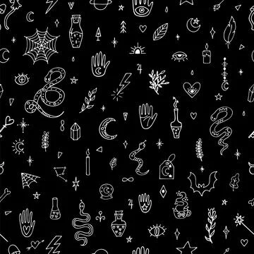 Magical hand drawn seamless pattern. Doodle boho style. Witchcraft print. H.. Stock Illustration