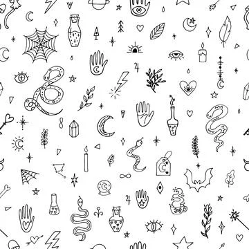 Magical hand drawn seamless pattern. Doodle boho style. Halloween. Witchcra.. Stock Illustration