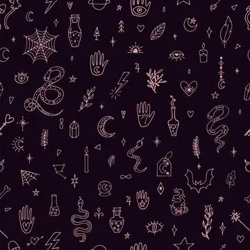 Magical hand drawn seamless pattern. Doodle boho style. Mystical esoteric b.. Illustrazione stock
