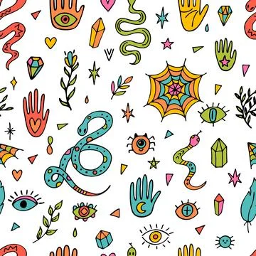 Magical hand drawn seamless pattern. Witchcraft print. Doodle boho style. H.. Stock Illustration