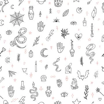 Magical hand drawn seamless pattern. Doodle boho style. Witchcraft print. M.. Stock Illustration