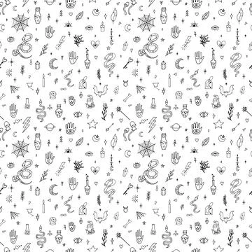 Magical hand drawn seamless pattern. Witchcraft print. Halloween. Doodle bo.. Illustrazione stock