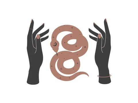 Magical hands and celestial snake. Spiritual tribal symbol for branding name Stock Illustration