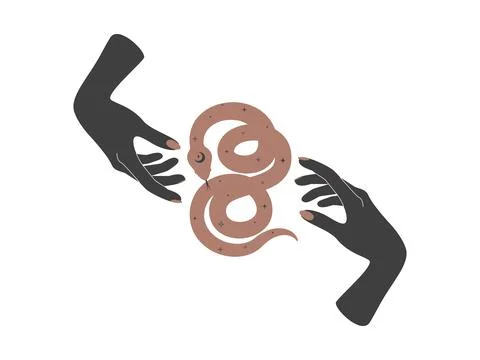 Magical hands and celestial snake. Spiritual tribal symbol serpent for branding Illustrazione stock