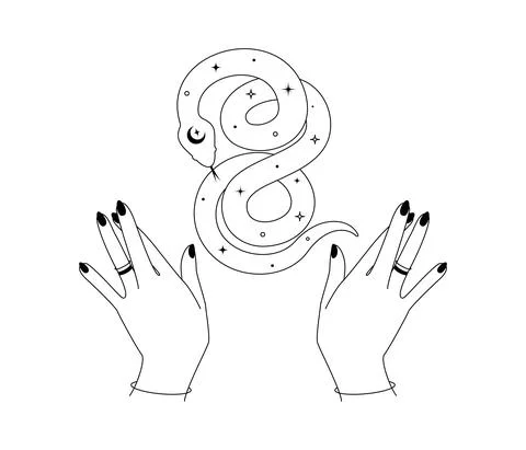 Magical hands and celestial snake in outline style. Spiritual tribal symbol for Stock Illustration