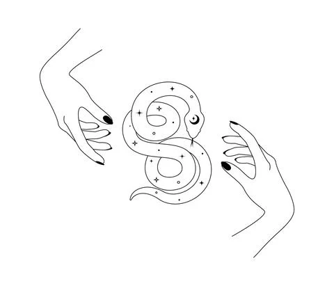 Magical hands and celestial snake in outline style. Spiritual tribal symbol for Stock Illustration