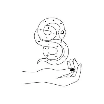 Magical hands and celestial snake in outline style. Spiritual serpent symbol for Stock Illustration